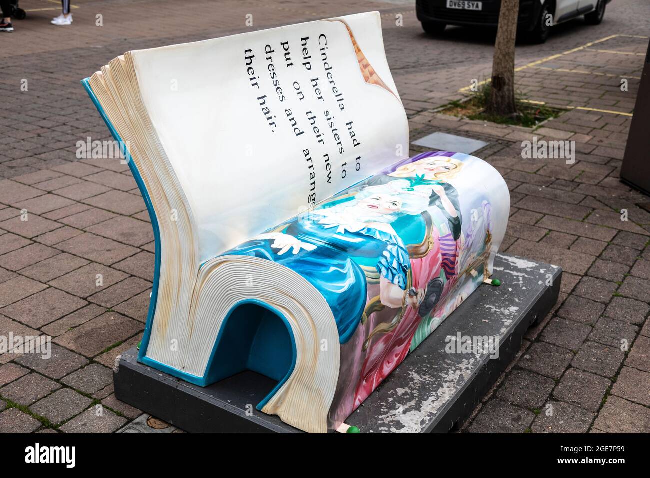 One of eight hand-painted BookBenches in Loughborough to celebrate 100 years of Ladybird Books. Stock Photo