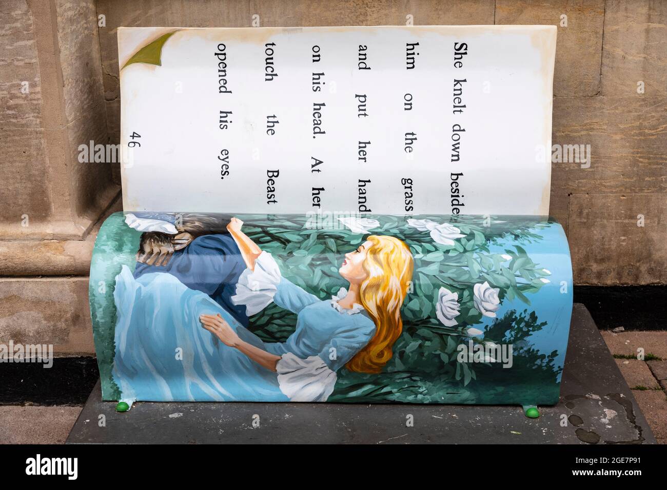 One of eight hand-painted BookBenches in Loughborough to celebrate 100 years of Ladybird Books. Stock Photo
