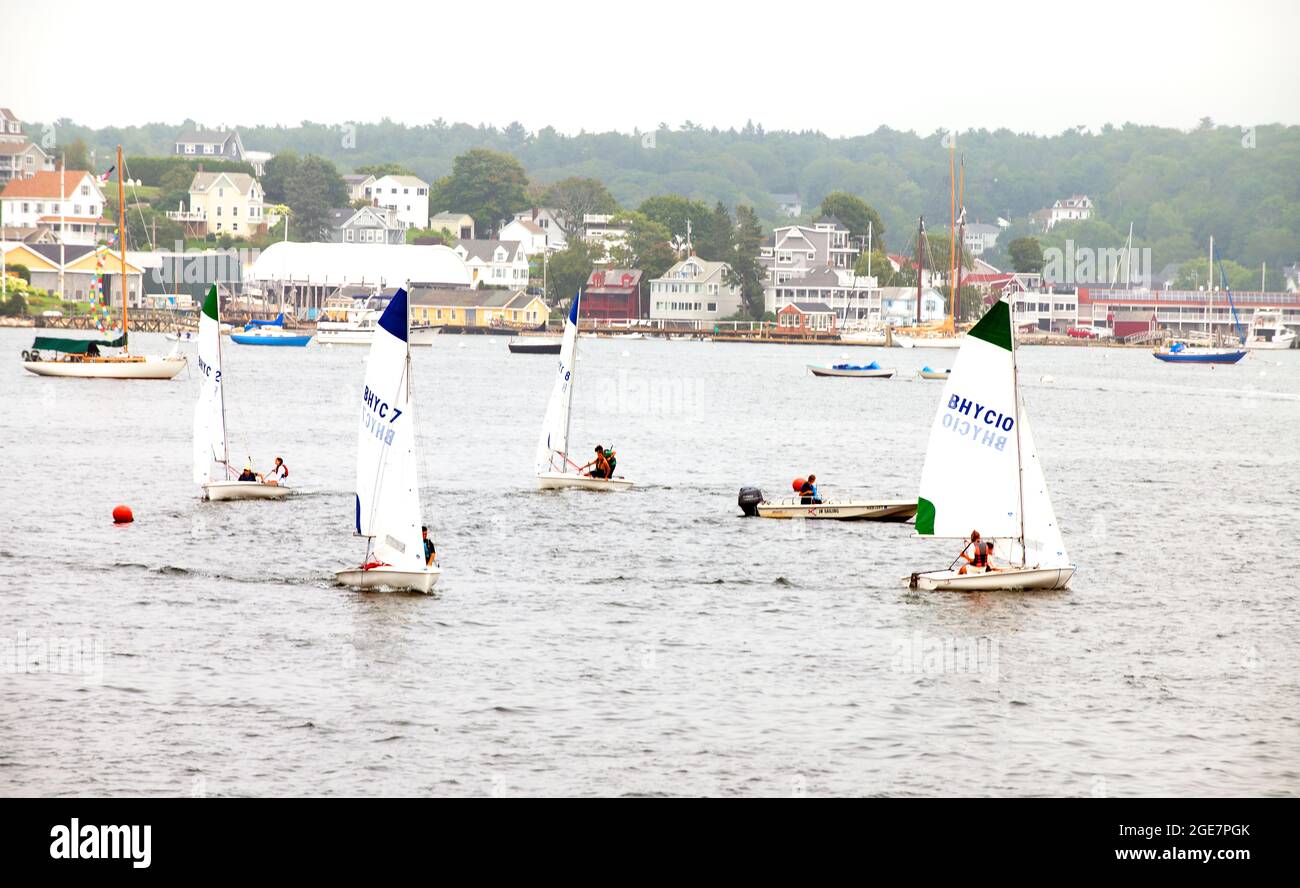 Sailing class in Boothbay Harbor, Maine on a foggy morning, USA Stock Photo