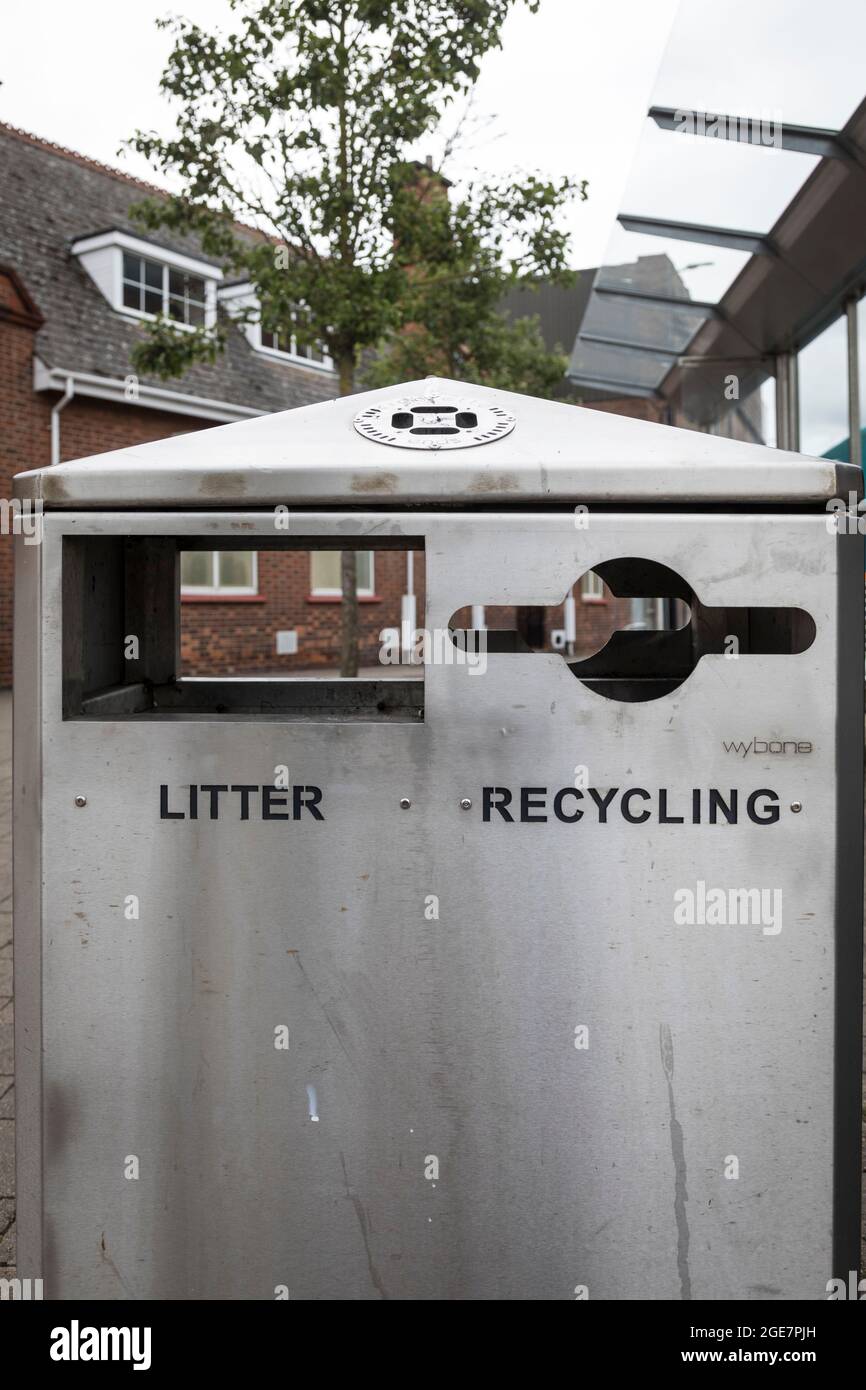 Close-up of a metal outdoor litter and receycling bin. Stock Photo