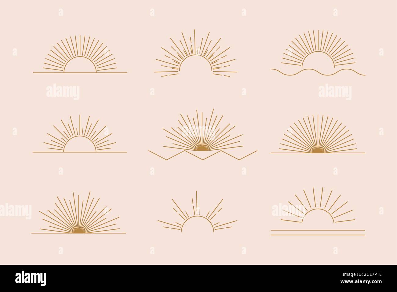 Vector Sun set of linear boho icons and symbols, gold sun logo design templates, abstract design elements for decoration in modern minimalist style Stock Vector