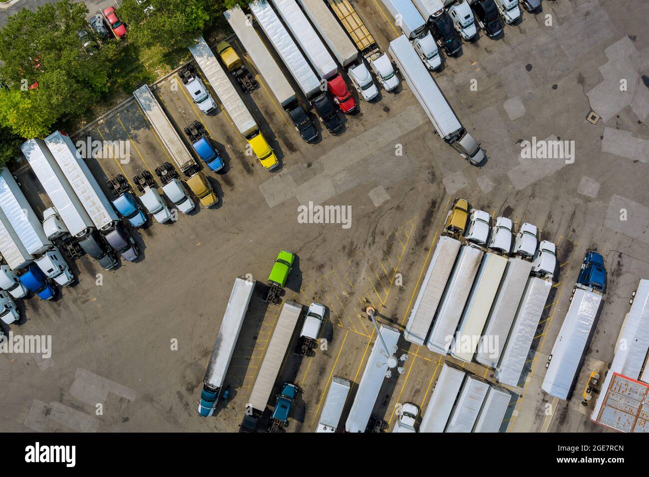 Aerial view of parking lot with trucks on transportation of truck rest