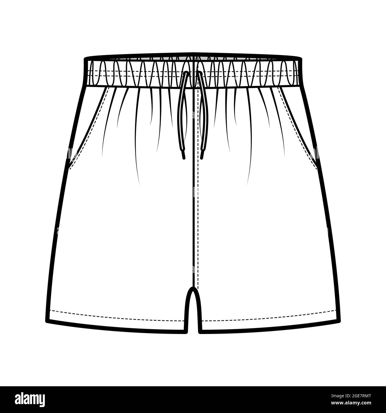 Sport training shorts Activewear technical fashion illustration with elastic low waist, rise, drawstrings, pockets, Relaxed fit, micro length. Flat bottom apparel front, white color. Women men unisex Stock Vector