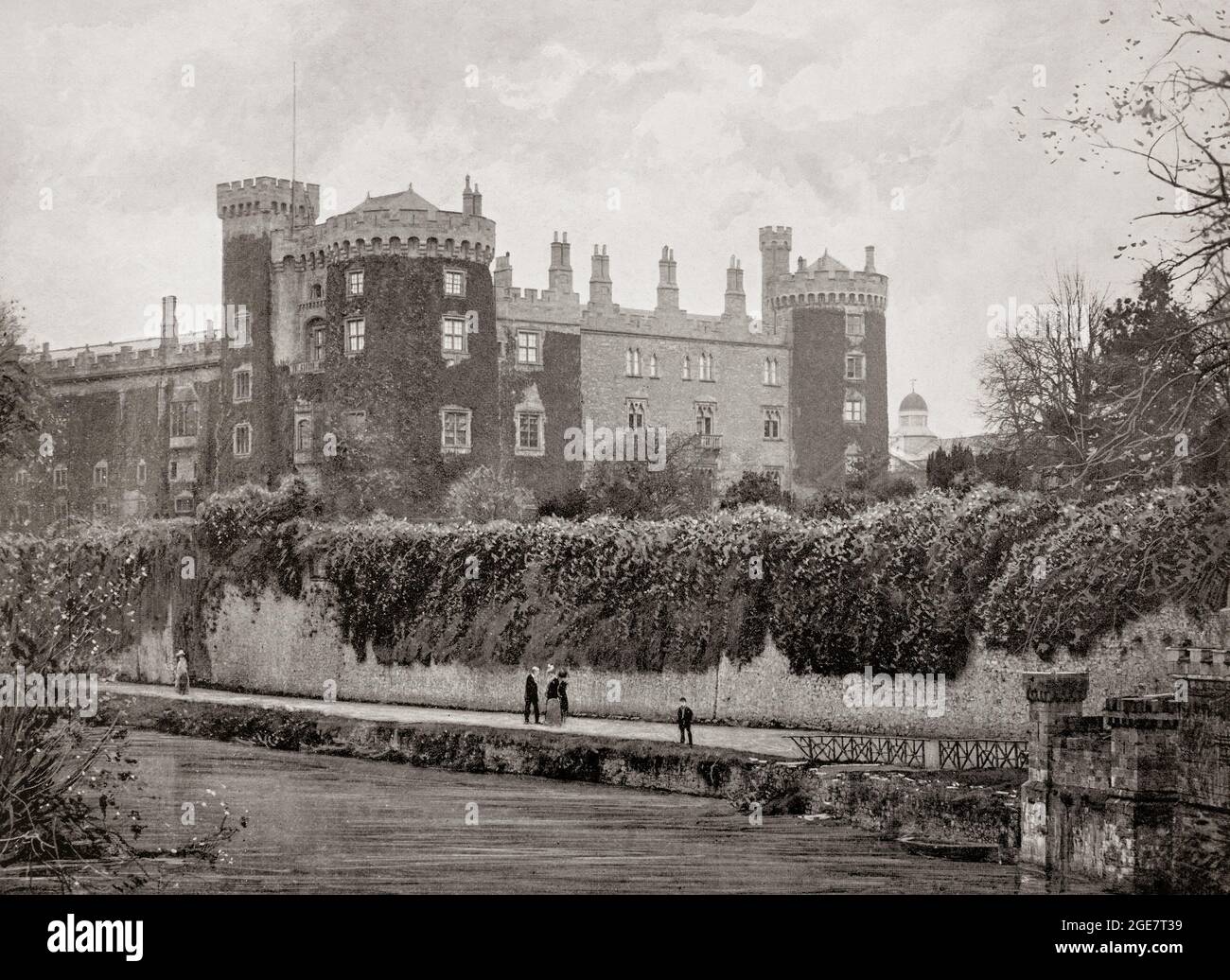 A late 19th century view of Ireland's Kilkenny Castle built in 1195 to control a fording-point of the River Nore and several routeways. It has been important since the 12th century when Richard de Clare, 2nd Earl of Pembroke, commonly known as Strongbow constructed the first castle. It then became the seat of the Butlers of Ormonde who arrived in Ireland with the Norman invasion. In the 17th century, the 'Supreme Council' of the Catholic rebel movement, Confederate Ireland, met in Kilkenny Castle from 1642-48 while James Butler, the Lord Lieutenant of Ireland, was in Dublin. Stock Photo