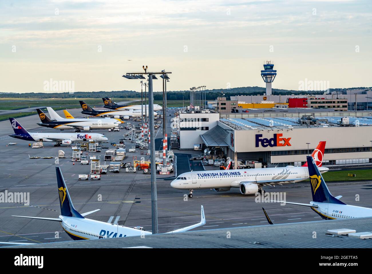 Cologne-Bonn Airport, CGN, cargo planes stand in front of the air cargo centre being loaded and unloaded, NRW, Germany, Stock Photo
