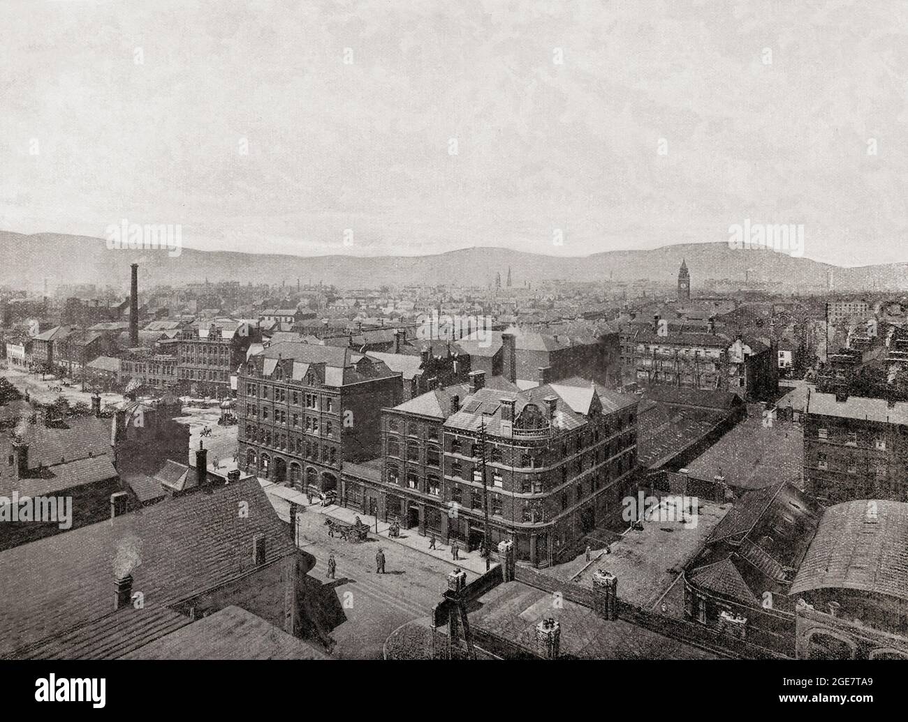 The second of three late 19th century panoramic views of Belfast, the capital and largest city of Northern Ireland, standing on the banks of the River Lagan on the east coast.  Belfast was a major port playing an important role in the Industrial Revolution in Ireland, earning it the nickname 'Linenopolis' as a major centre of Irish linen production, tobacco-processing and rope-making. Shipbuilding was also a key industry; the Harland and Wolff shipyard, which built the RMS Titanic, was the world's largest shipyard.  Townhall Street and Victoria street are featured in the foreground. Stock Photo