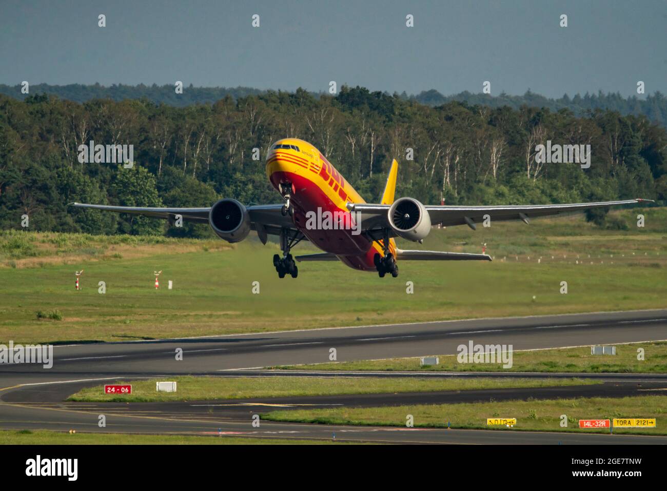 Cologne-Bonn Airport, CGN, DHL cargo aircraft Boeing 777, during take-off, NRW, Germany, Stock Photo