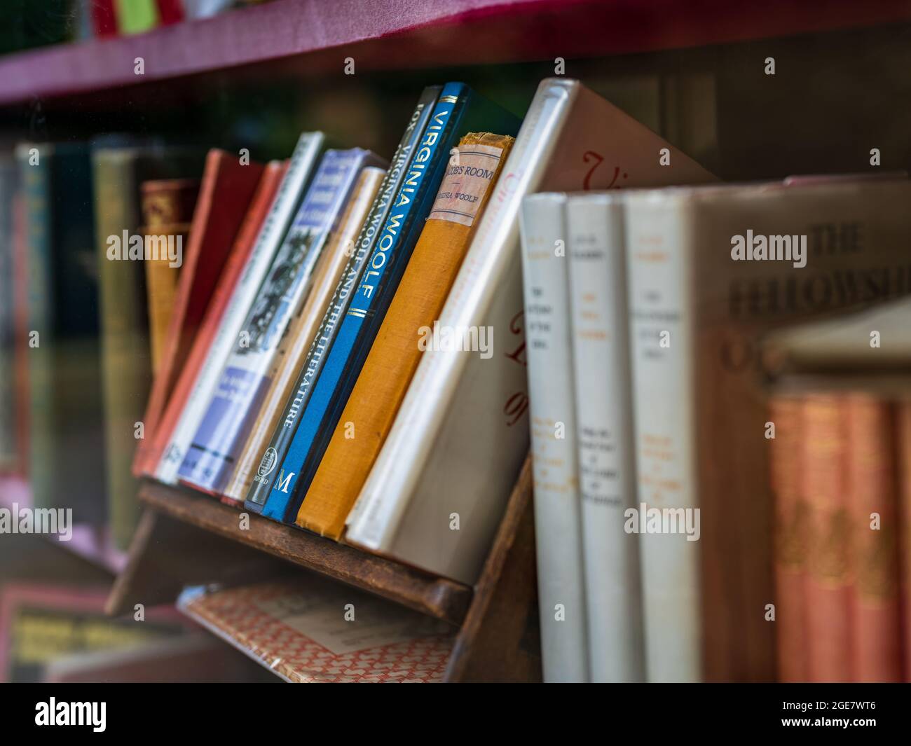 Virginia Woolf books in the window of the Haunted Bookshop in Cambridge UK. Stock Photo