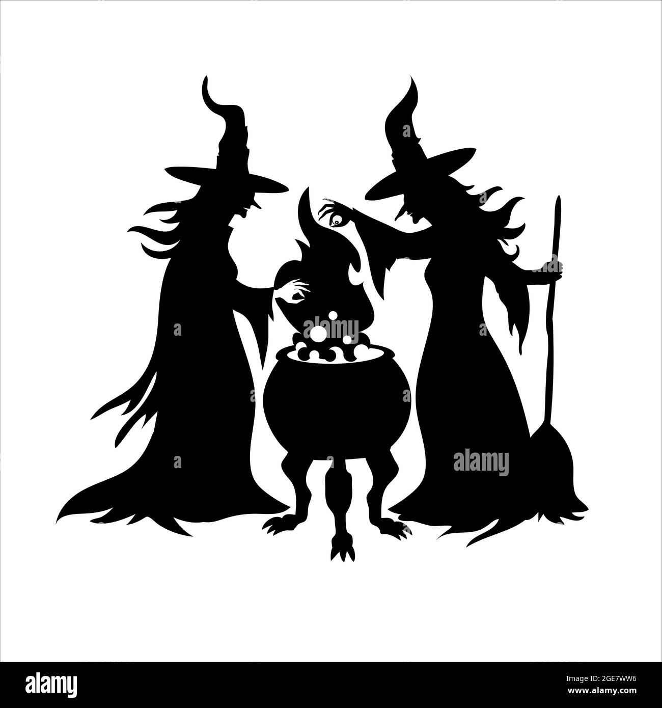 Black silhouette of two witches with a cauldron. Happy Halloween vector clipart illustration of witches brew a magic potion. White background. Stock Vector