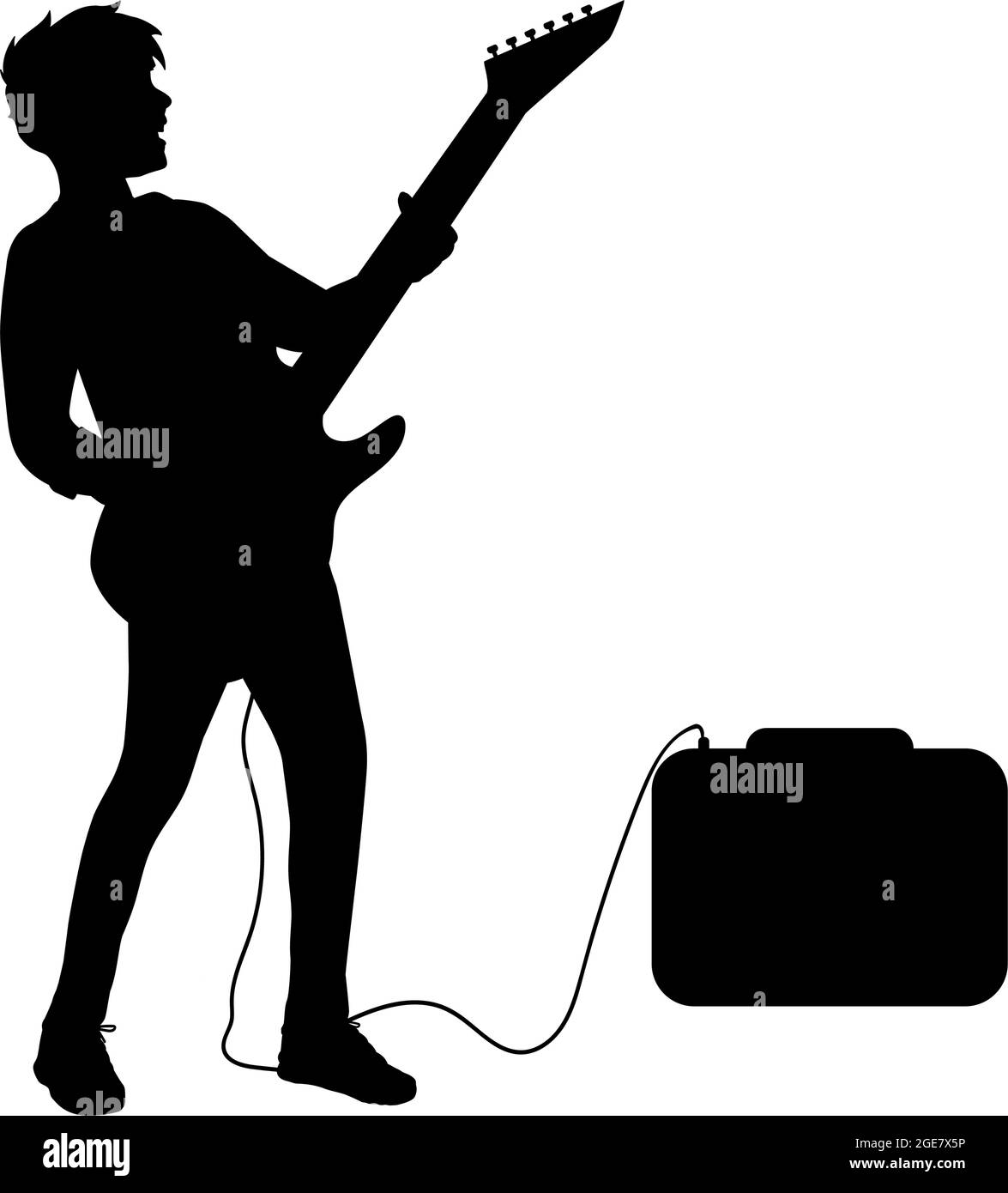 Silhouette young guitarist plays on the electric guitar. Illustration icon symbol Stock Vector