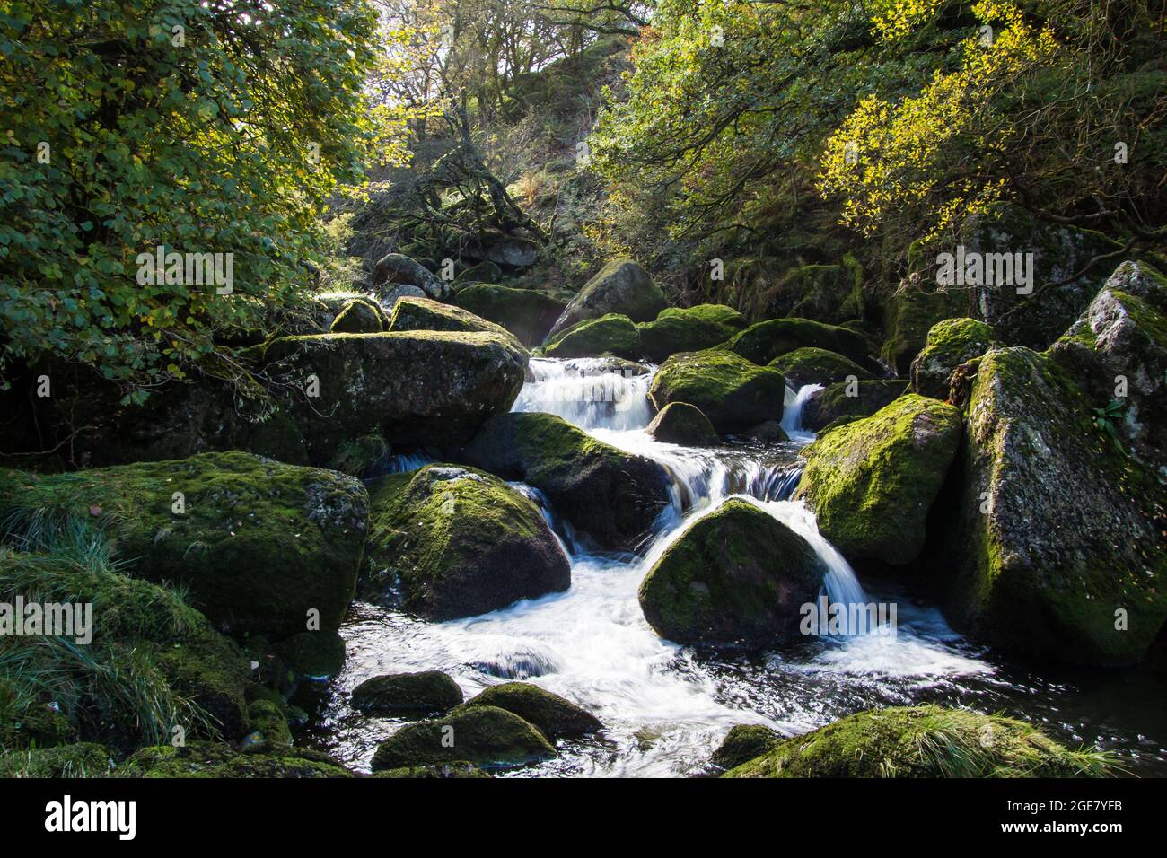 A small waterfall in the West Okement River on Dartmoor, Devon. Stock Photo