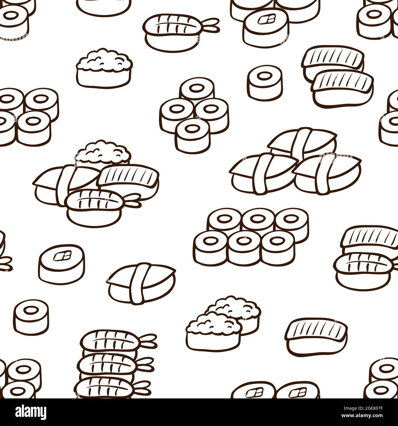 Seamless black-white background with different sushi, vector ...