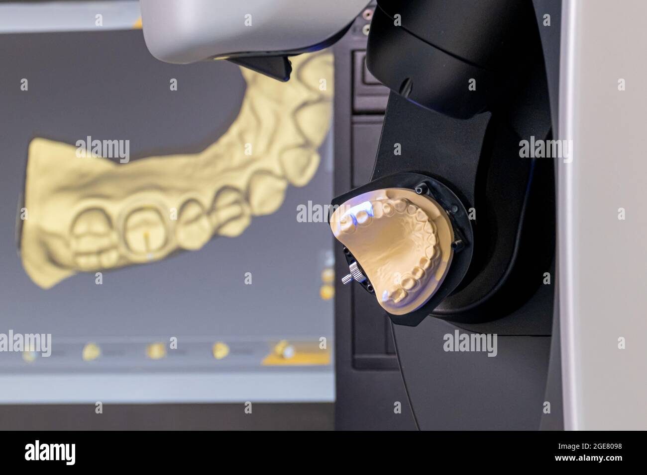 CAD/CAM equipment modern extraoral laboratory dental scanner. Selective focus. Stock Photo