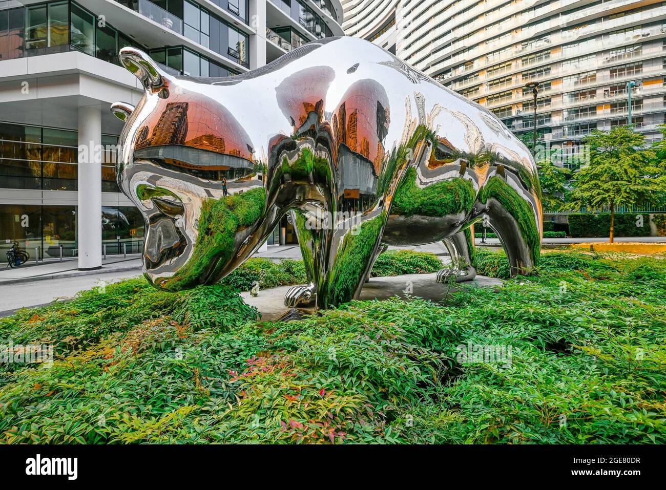 Stainless steel panda bears sculpture "Slow" , by artist Zhang Huan, near Parq Vancouver casino hotel complex, Yaletown, Vancouver, British Columbia, Stock Photo
