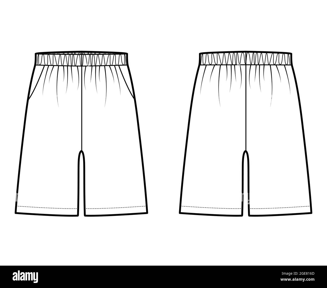 Shorts Sport training Bermuda Activewear technical fashion illustration with elastic low waist, rise, pockets, mid-thigh length. Flat bottom apparel front, back, white color. Women men unisex mockup Stock Vector