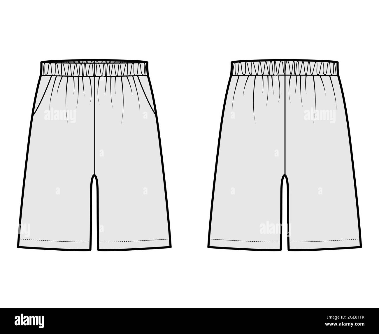 Shorts Sport training Bermuda Activewear technical fashion illustration with elastic low waist, rise, pockets, Relaxed fit, mid-thigh length. Flat apparel front, back grey color. Women men unisex CAD Stock Vector