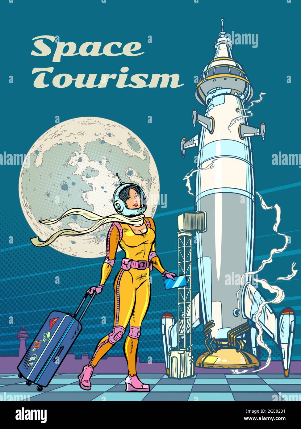 Space tourism. A female astronaut passenger goes to the rocket. Spaceport Stock Vector