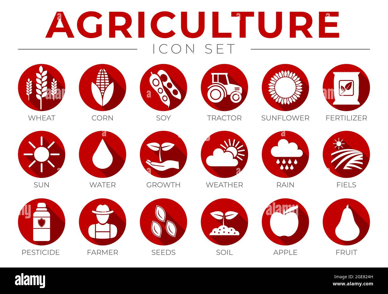 Red Agriculture Round Icon Set of Wheat, Corn, Soy, Tractor, Sunflower, Fertilizer, Sun, Water, Growth, Weather, Rain, Fields, Pesticide, Farmer, Seed Stock Vector