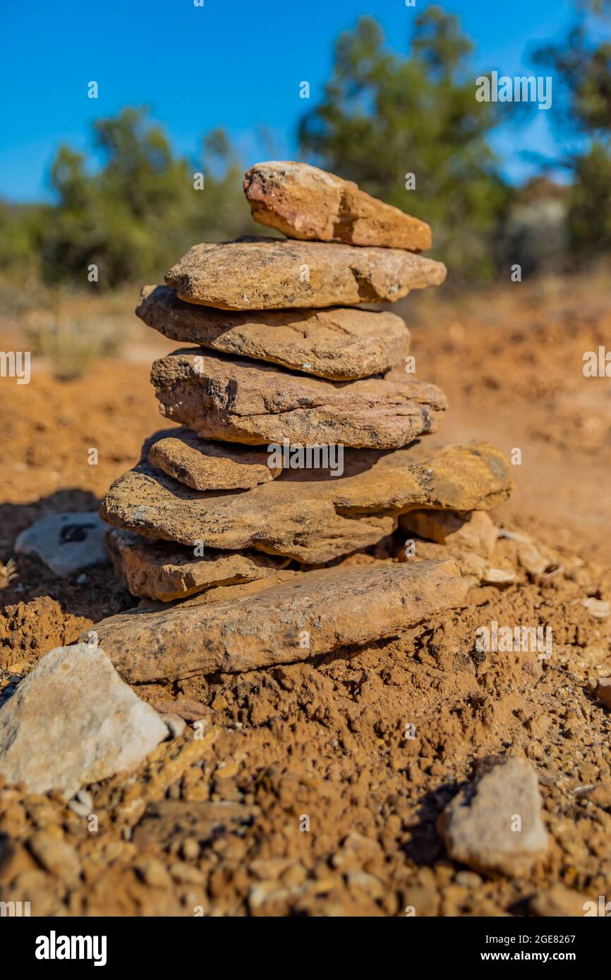 Cairn marking trail to Cutthroat Castle in Hovenweep National Monument, Colorado, USA Stock Photo