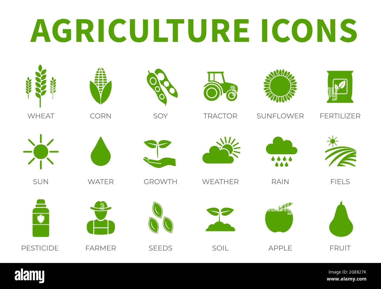 Agriculture Icon Set of Wheat, Corn, Soy, Tractor, Sunflower ...