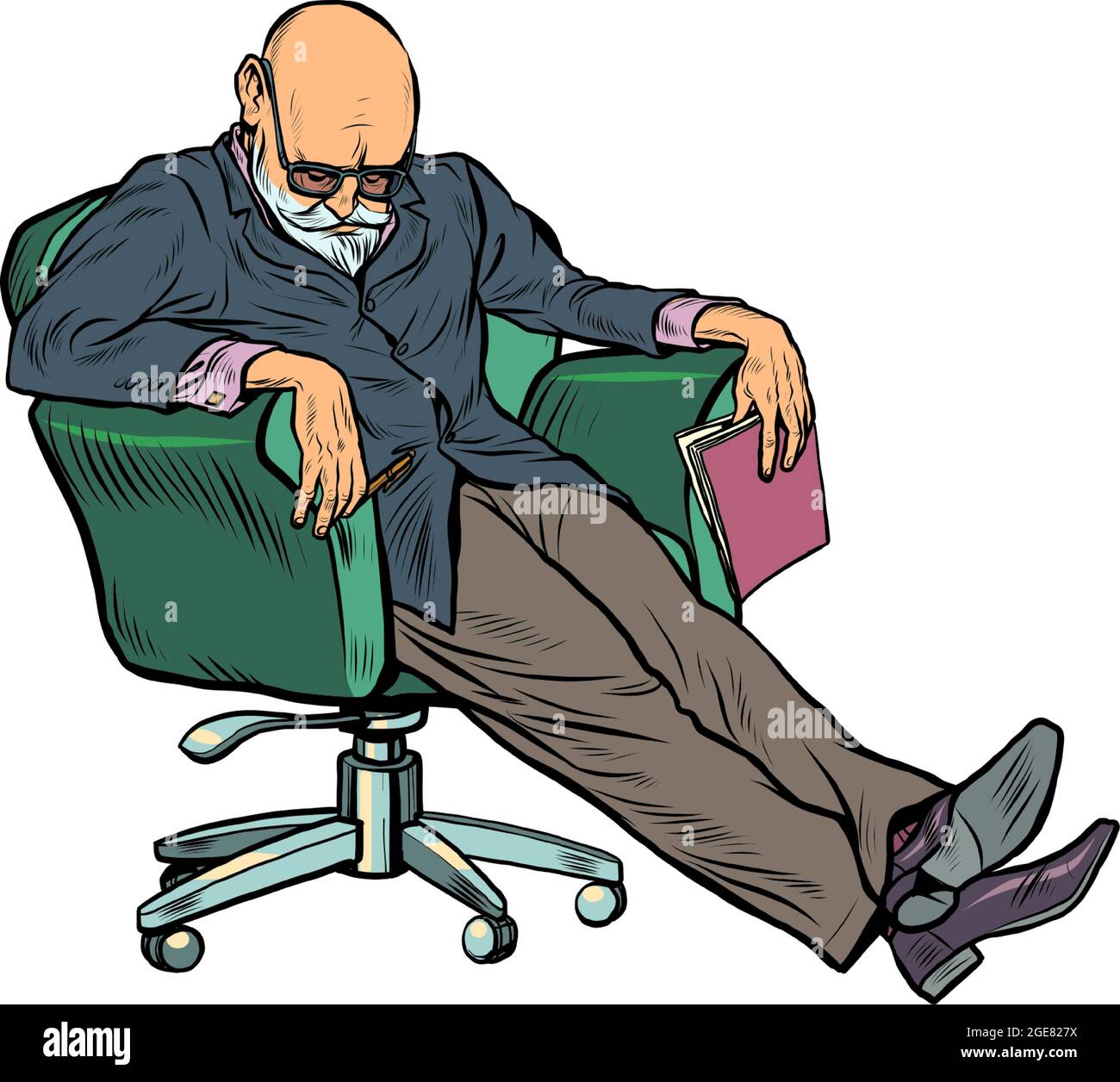 An elderly psychotherapist fell asleep during a psychotherapy session. Fatigue at work, overwork Stock Vector
