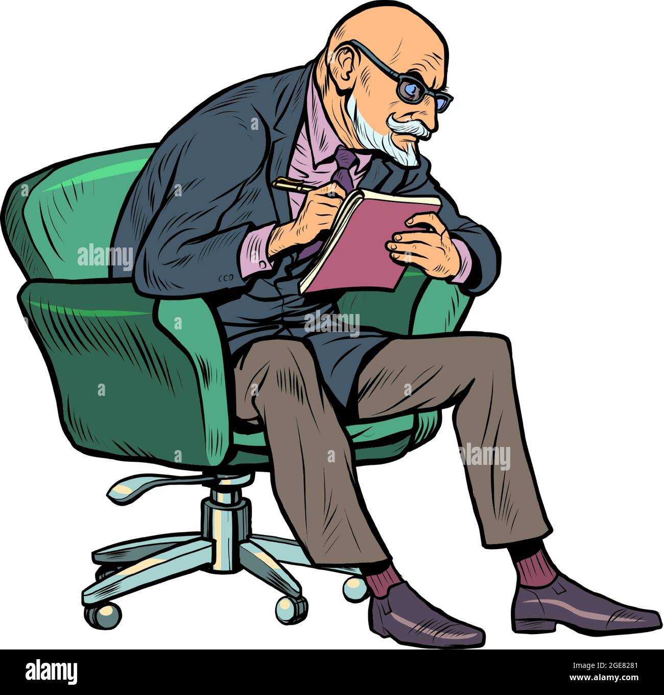 An elderly psychotherapist listens attentively and writes in a notebook. Psychotherapy session Stock Vector