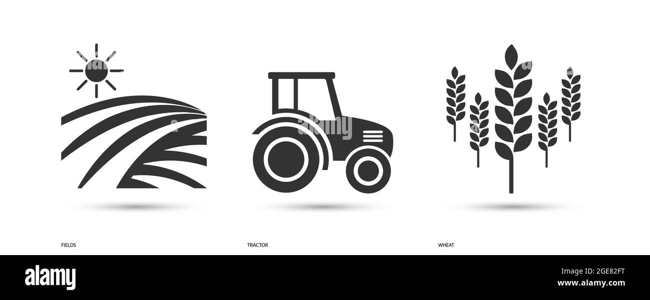 Field, Tractor and Wheat Icon Set with Shadows Stock Vector Image & Art ...