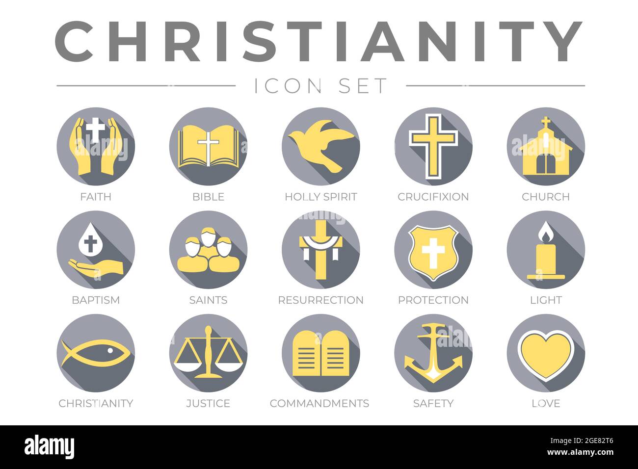 Youthful Christianity Icon Set with Faith, Bible, Crucifixion , Baptism, Church, Resurrection, Holy Spirit, Saints, Commandments, Light, Protection Stock Vector