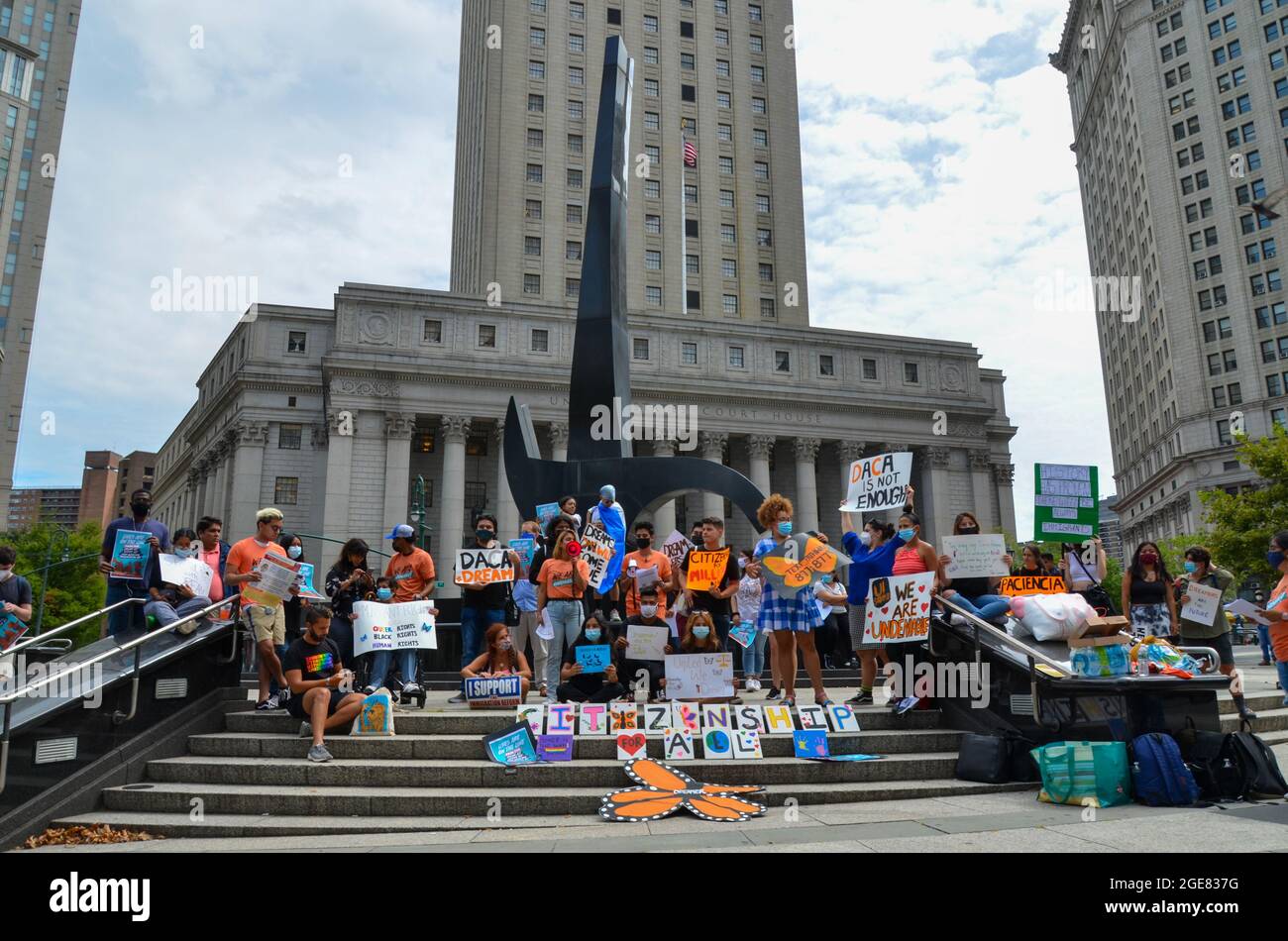 Activists and DACA recipients gathered at Foley Square in New York City during the “We are Undeniable” rally to demand citizenship for all. Stock Photo