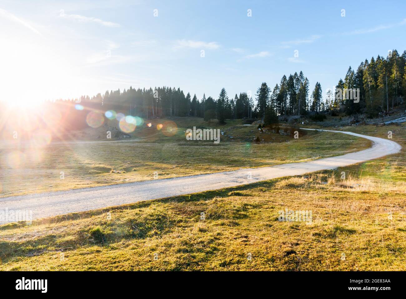 Deserted gravel road through a medow in the mountains at sunset. Lens flare. Stock Photo