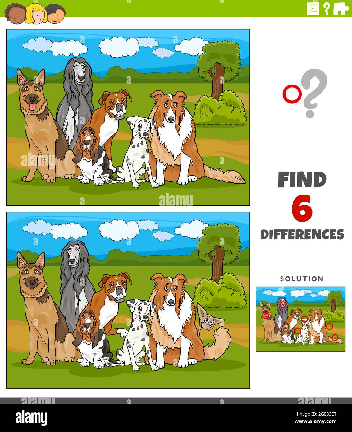 Cartoon illustration of finding the differences between pictures educational game for children with purebred dogs comic animal characters group Stock Vector