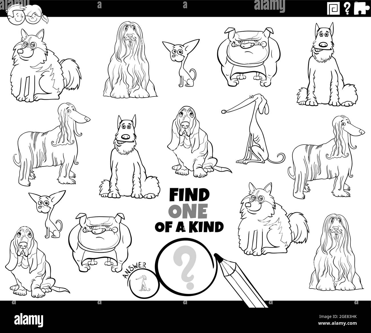 Black and white cartoon illustration of find one of a kind picture educational game with dogs animal characters breeds coloring book page Stock Vector
