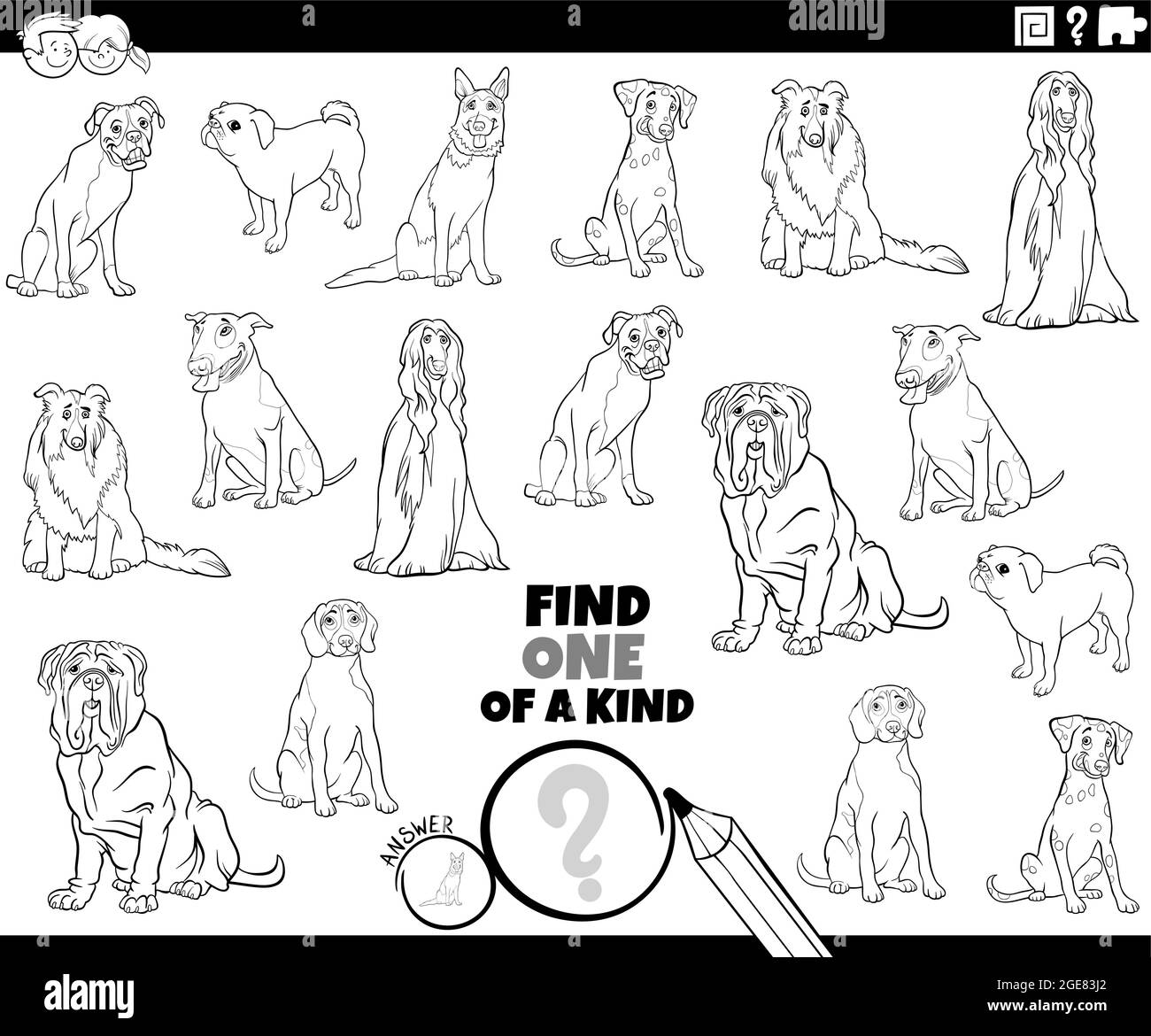 Black and white cartoon illustration of find one of a kind picture educational task with dogs animal characters breeds coloring book page Stock Vector