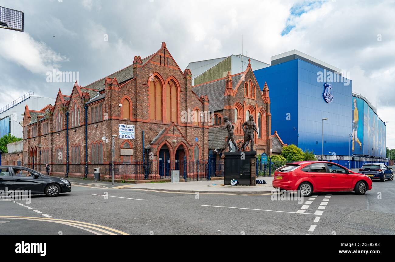 St Luke's Church on the corner of Gwladys St and Goodison Road, actually in the corner of Everton's football ground. Stock Photo