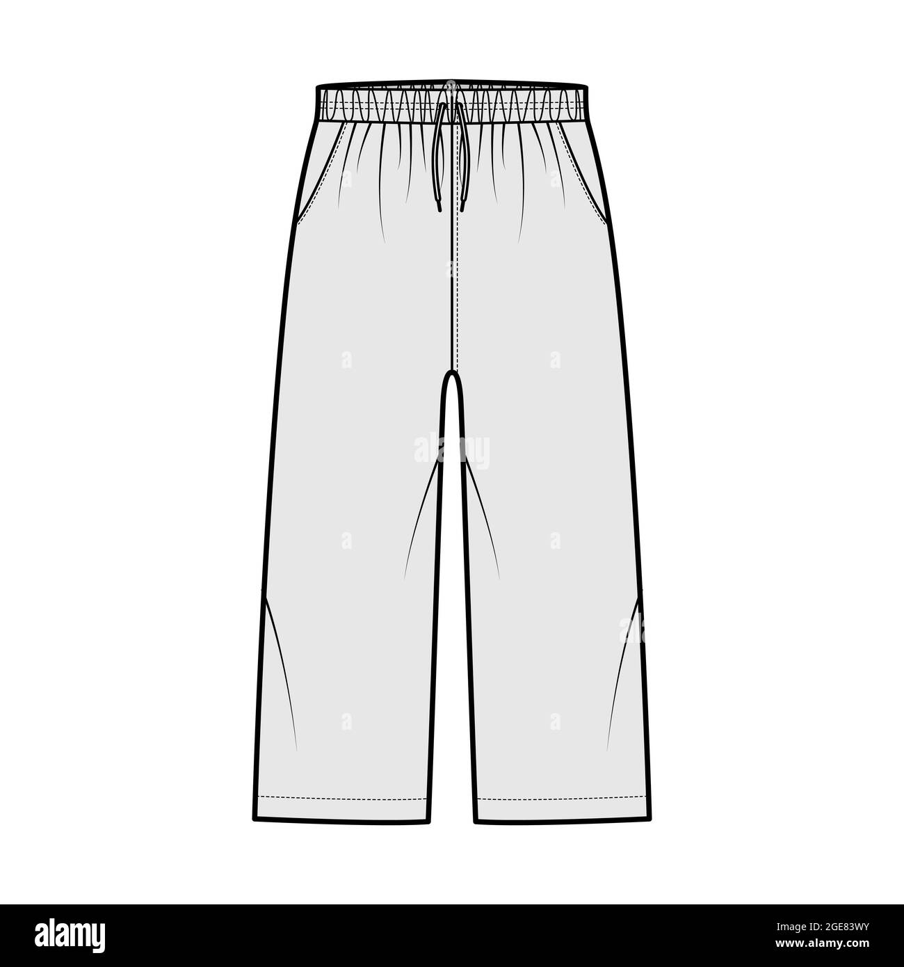 Bermuda shorts Activewear technical fashion illustration with elastic low  waist, rise, drawstrings, pockets, Relaxed fit, calf length. Flat bottom  apparel template front, grey color. Women CAD mockup Stock Vector Image &  Art -