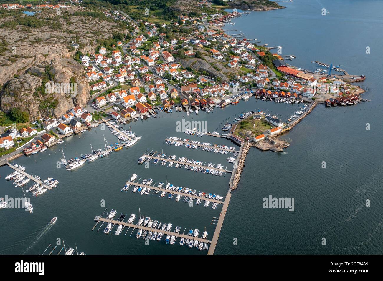 High angle aerial view of coastal town Fjällbacka in Bohuslän Sweden