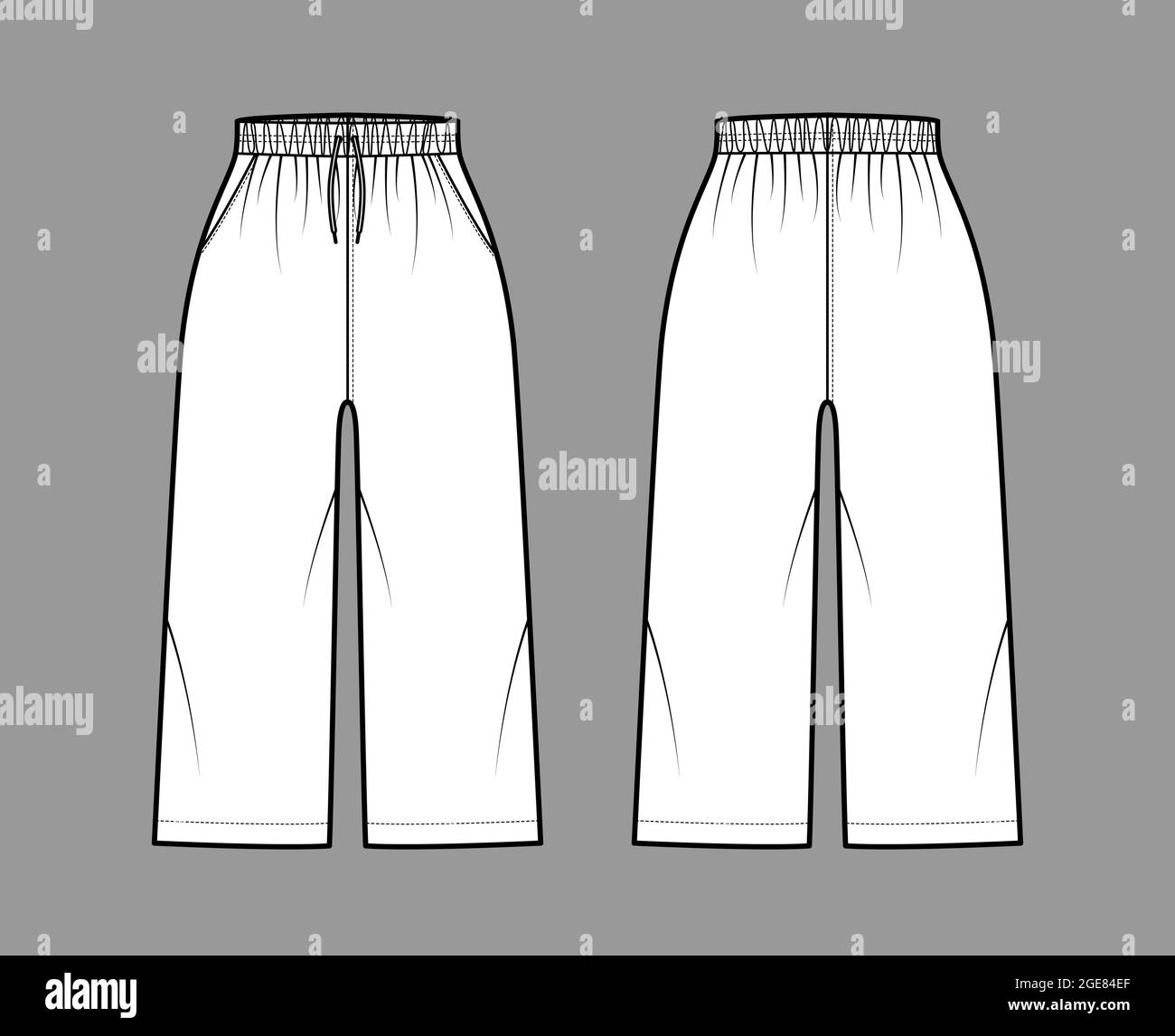 Bermuda shorts Activewear technical fashion illustration with elastic normal waist, high rise, drawstrings, pockets, Relaxed, calf length. Flat bottom apparel template front, back, white color. Women Stock Vector