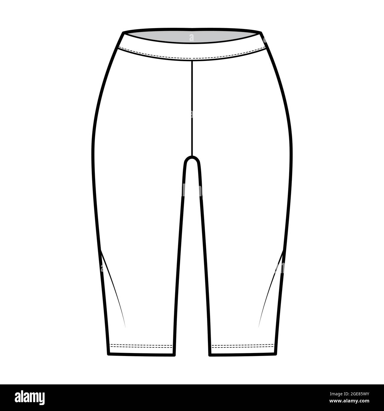 Bike shorts Leggings technical fashion illustration with low waist, rise, knee length. Flat sport training pants, casual knit trousers apparel template front, white color. Women, men unisex CAD mockup Stock Vector
