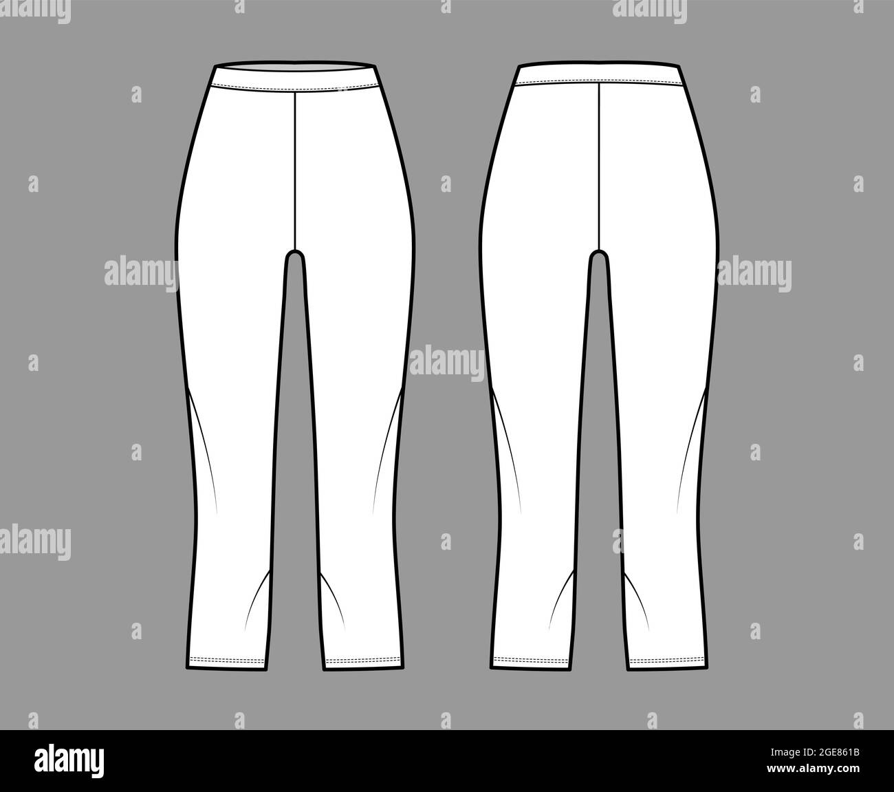 Bike shorts Leggings technical fashion illustration with natural waist, high rise, calf length. Flat sport training pants, trousers apparel template front, back, white color. Women, unisex CAD mockup Stock Vector