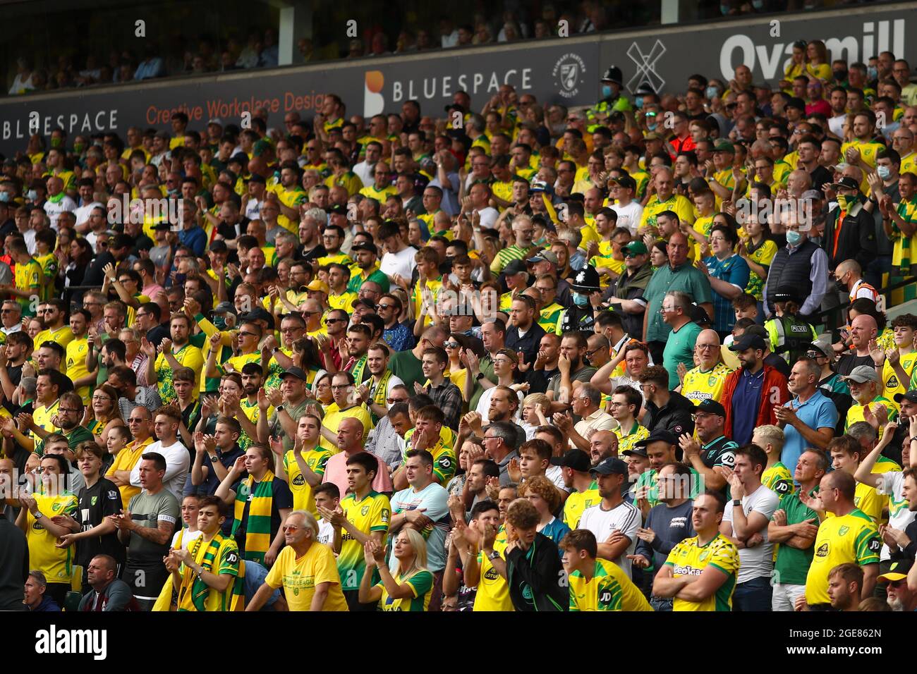 Norwich City fans - Norwich City v Liverpool, Premier League, Carrow Road, Norwich, UK - 14th August 2021  Editorial Use Only - DataCo restrictions apply Stock Photo