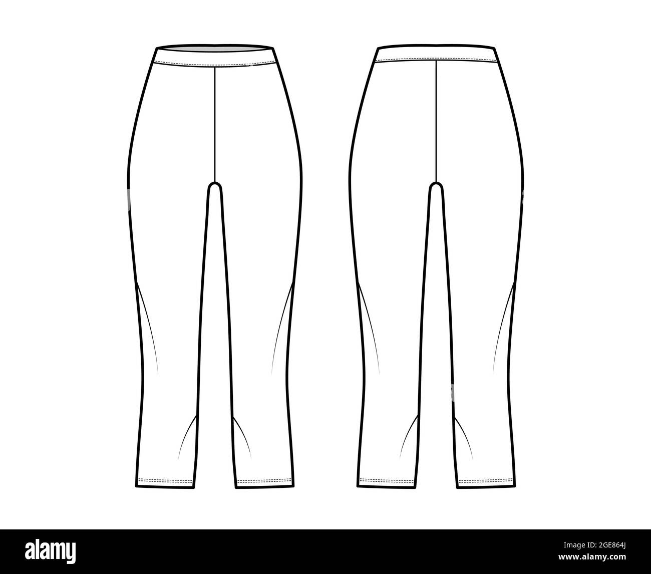 Bike shorts Leggings technical fashion illustration with natural waist, high rise, calf length. Flat sport training pants, trousers apparel template front, back, white color. Women, men unisex mockup Stock Vector