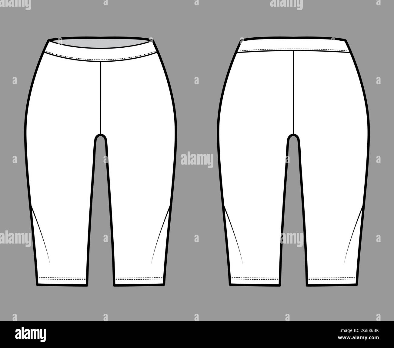 Bike shorts Leggings technical fashion illustration with low waist, rise, knee length. Flat sport pants, casual knit trousers apparel template front, back, white color. Women, men unisex CAD mockup Stock Vector
