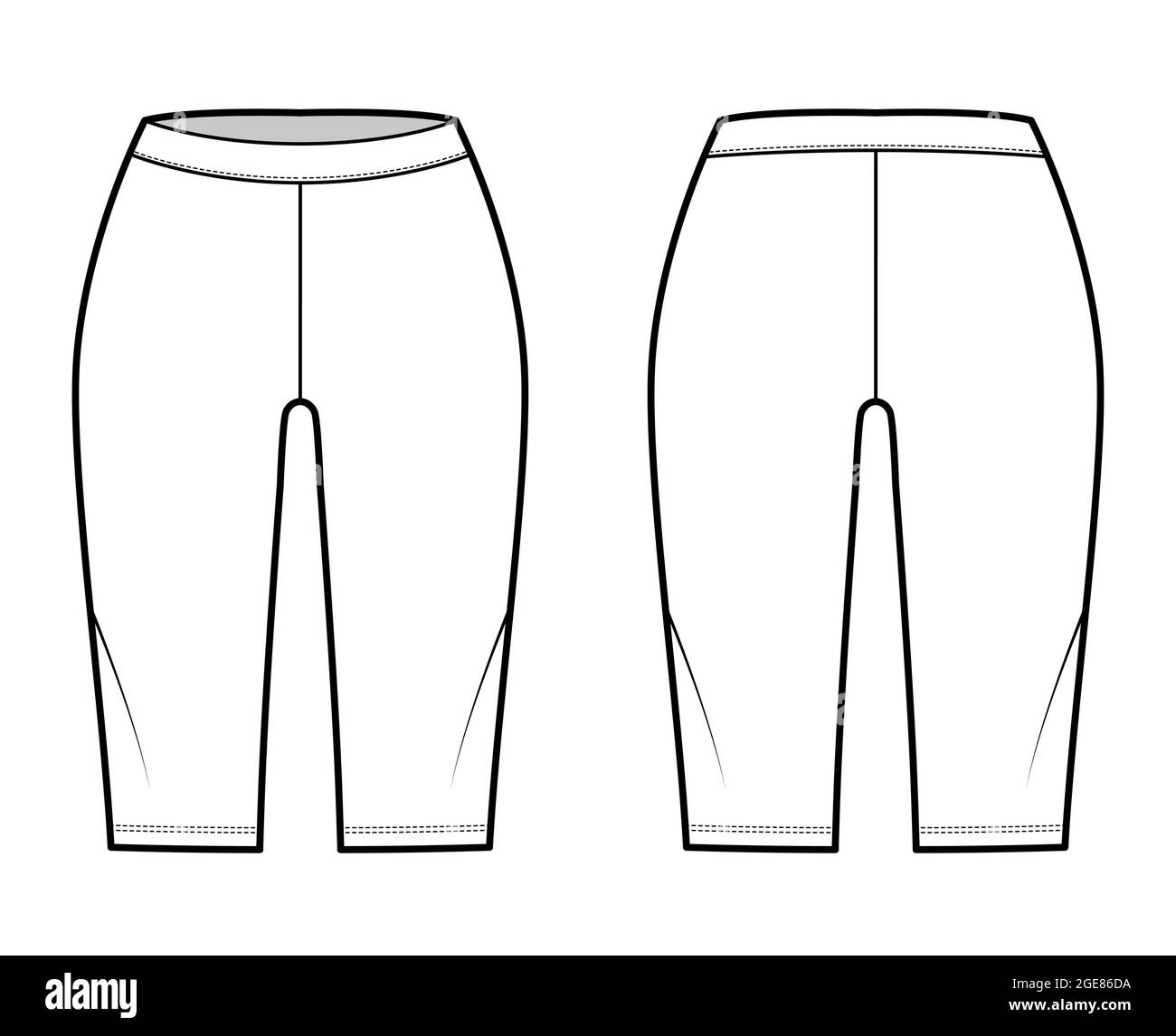 Bike shorts Leggings technical fashion illustration with low waist, rise, knee length. Flat sport training pants, casual knit trousers apparel template front, back, white color. Women, men CAD mockup Stock Vector