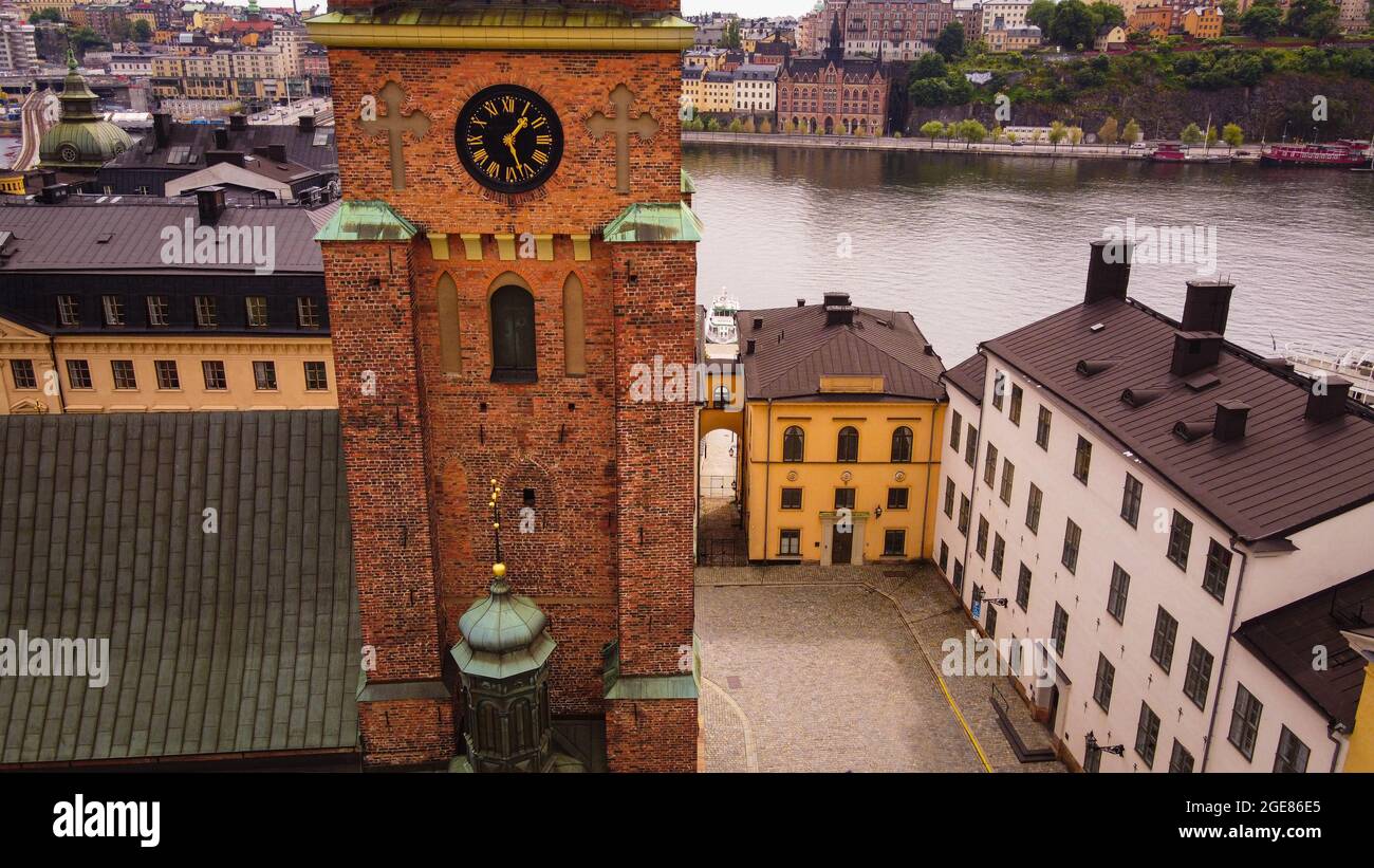 A close drone shot of Riddarholmskyrkan church, Stockholm, Sweden Stock Photo