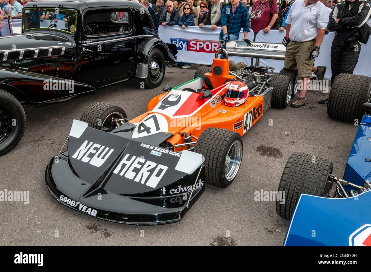 March 2-4-0 experimental six-wheeled Formula One racing car built by March Engineering at the Goodwood Festival of Speed motor racing event Stock Photo