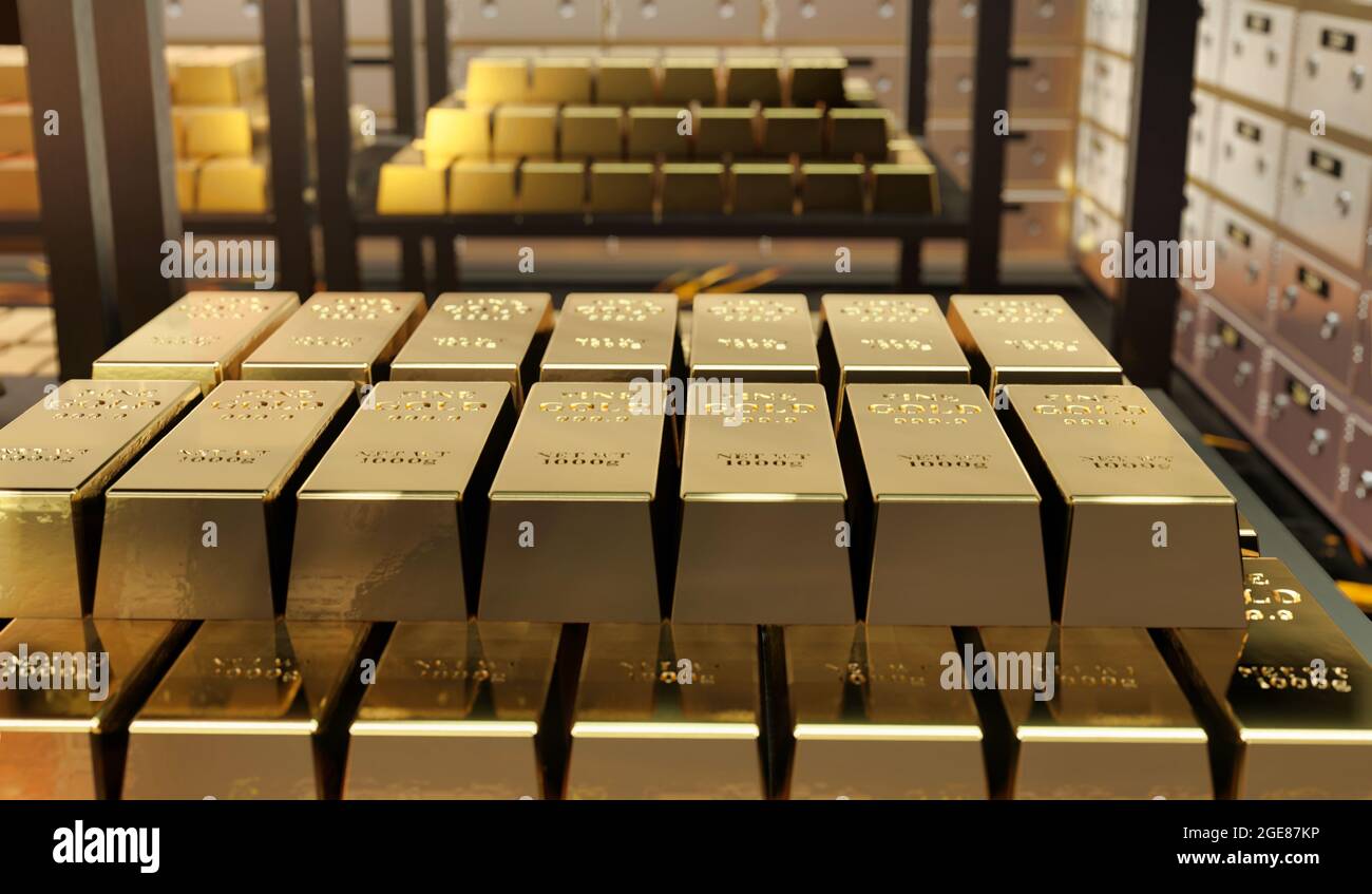 3D rendering illustration of gold ingot, bullion gold, gold bars, bank ...