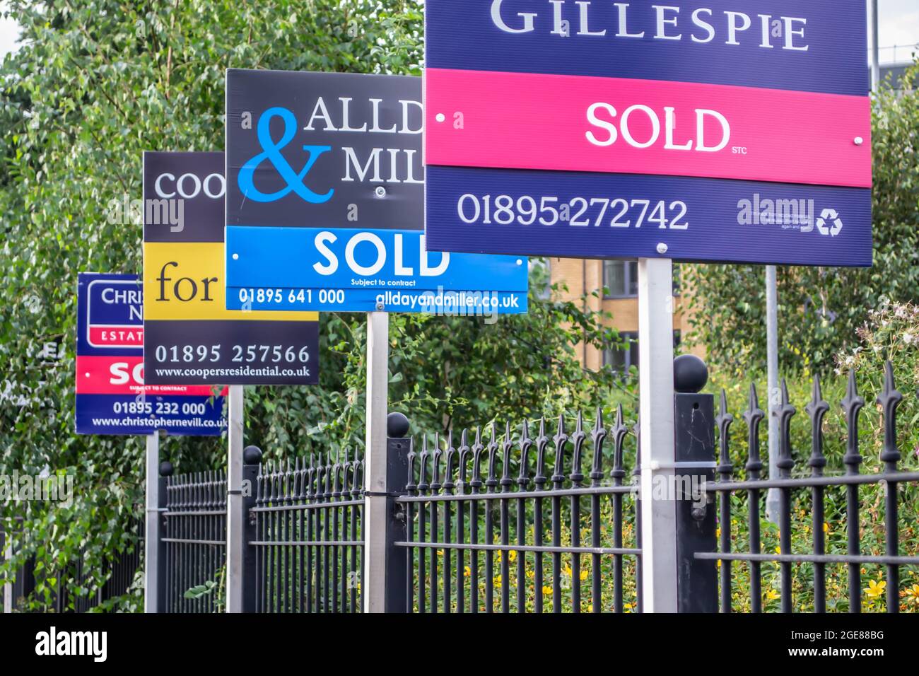 HILLINGDON, LONDON, ENGLAND 14 August 2021 Sold signs outside a