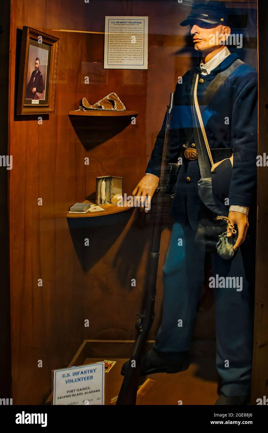 A mannequin depicts a Federal infantryman’s uniform at the Fort Gaines museum, Aug. 12, 2021, in Dauphin Island, Alabama. Stock Photo
