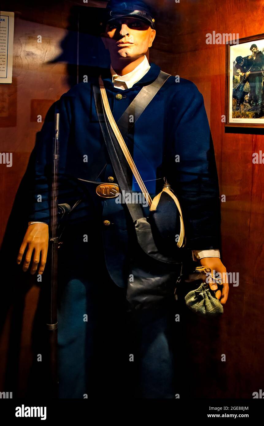 A mannequin depicts a Federal infantryman’s uniform at the Fort Gaines museum, Aug. 12, 2021, in Dauphin Island, Alabama. Stock Photo