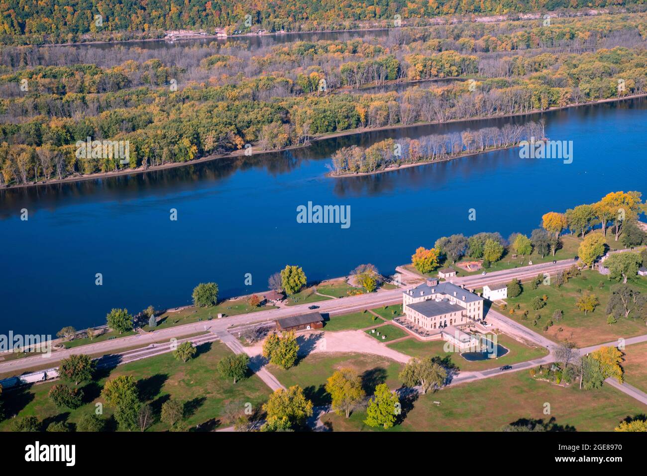 Sunrise aerial image over Dousman House, Prairie du Chien, Crawford